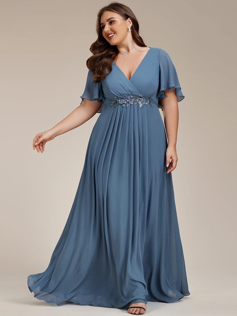 Plus Size V Neck Chiffon Floral Applique Short Sleeve Maxi Evening Dress Ever Pretty US