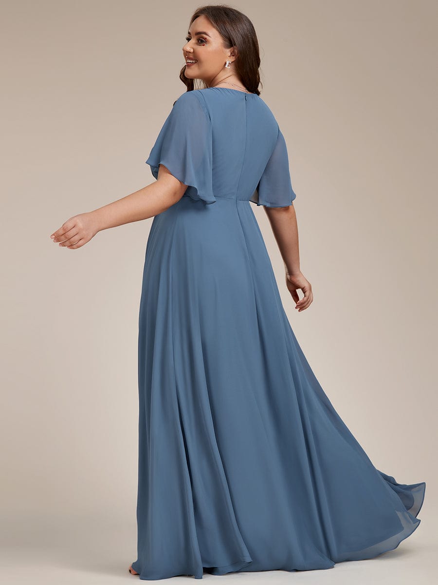 Custom Size Ruffles Sleeve A-Line Chiffon Waist Applique Maxi Evening Dress #color_Dusty Blue