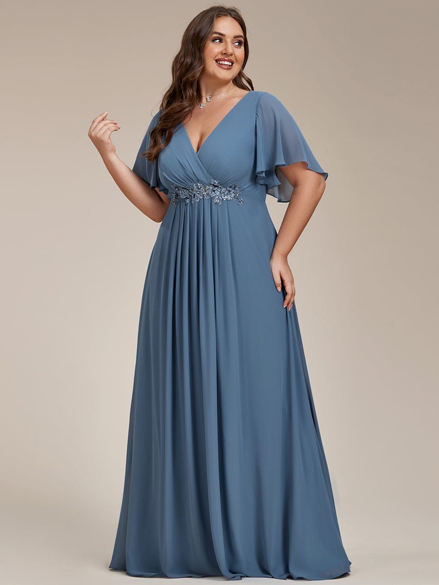 Plus Size Floral Applique Short Sleeve A-Line Chiffon Evening Dress #color_Dusty Blue