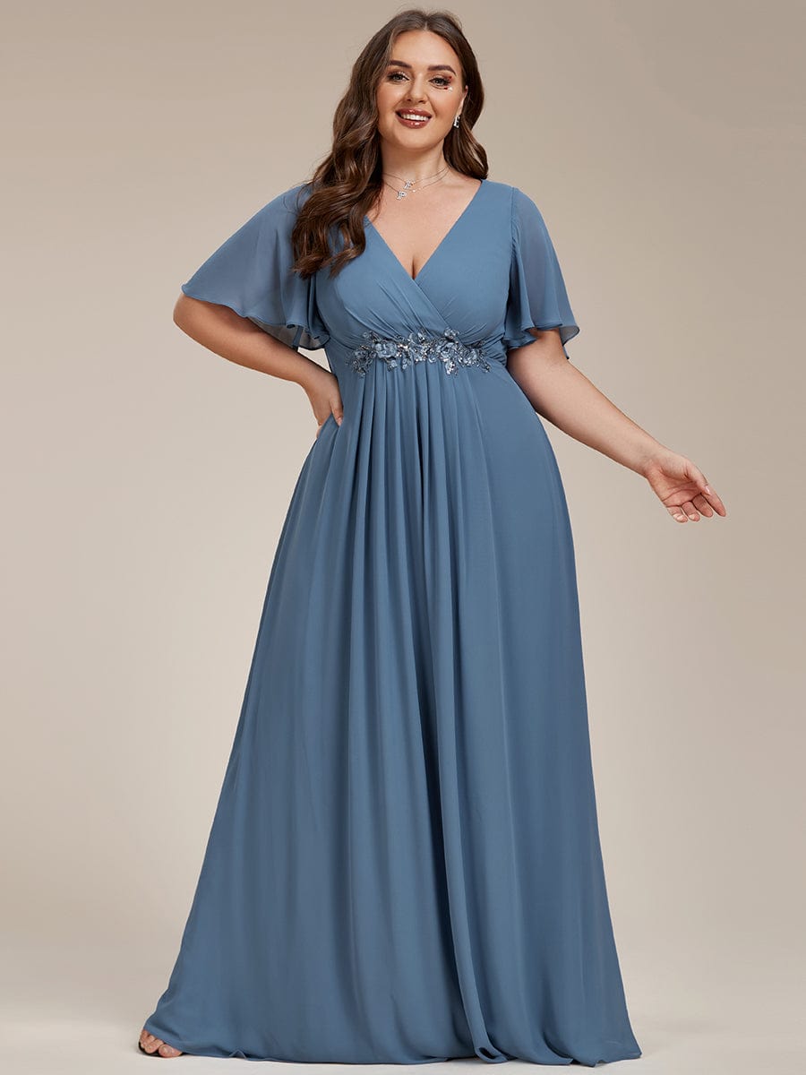 Custom Size Ruffles Sleeve A-Line Chiffon Waist Applique Maxi Evening Dress #color_Dusty Blue