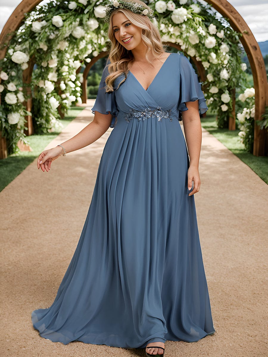 Plus Size Floral Applique Short Sleeve A-Line Chiffon Evening Dress #color_Dusty Blue