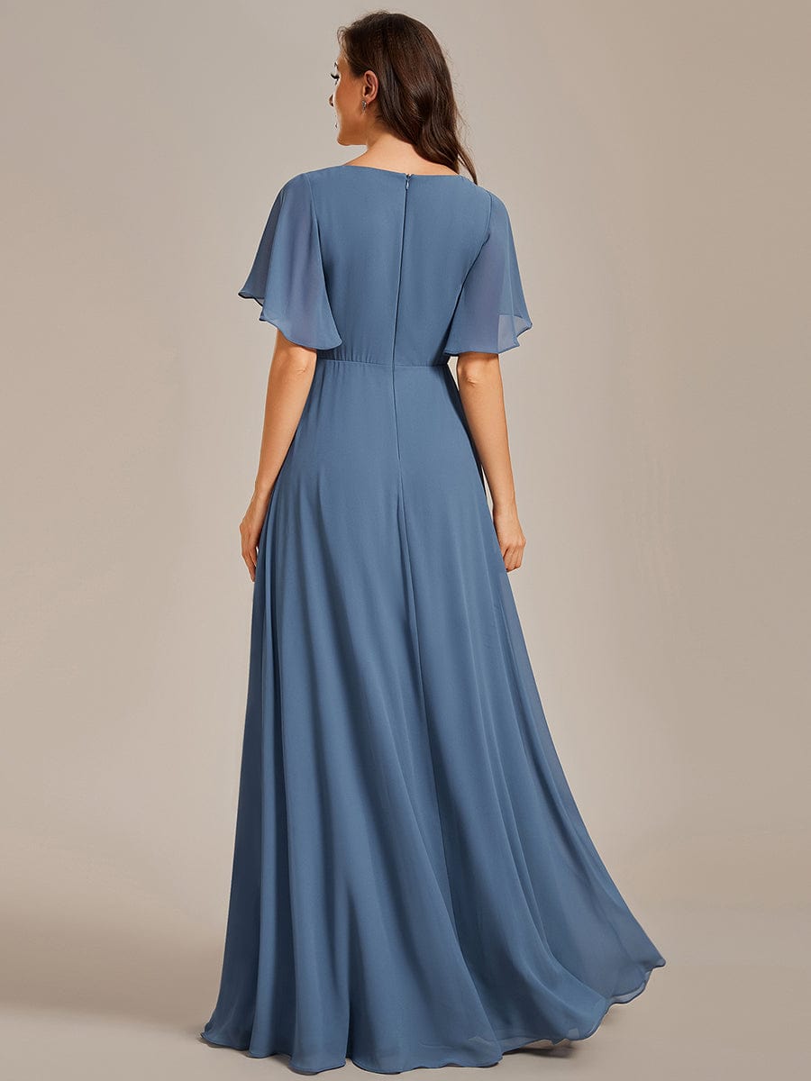 Custom Size Ruffles Sleeve A-Line Chiffon Waist Applique Maxi Evening Dress #color_Dusty Blue