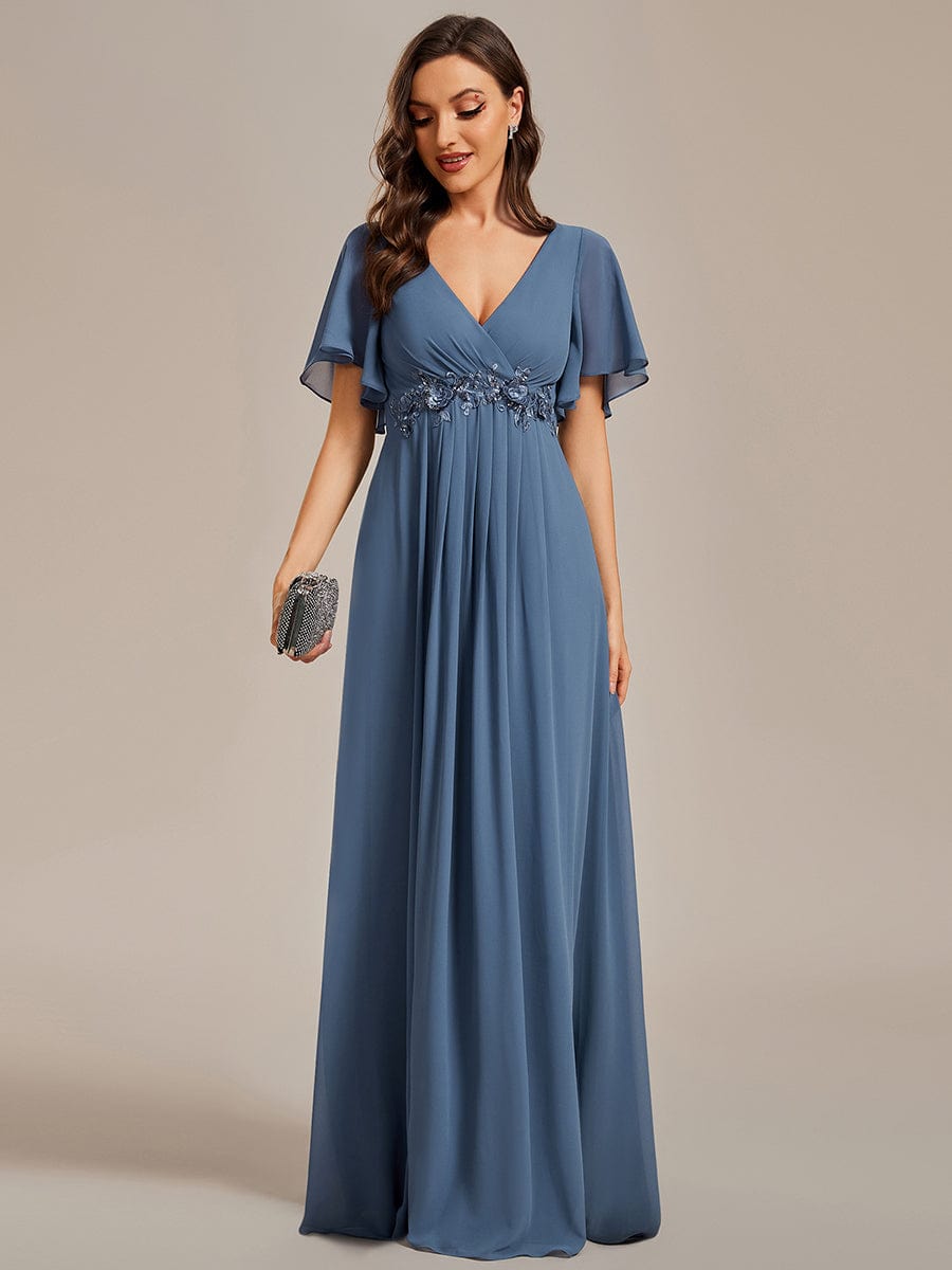 Custom Size Ruffles Sleeve A-Line Chiffon Waist Applique Maxi Evening Dress #color_Dusty Blue