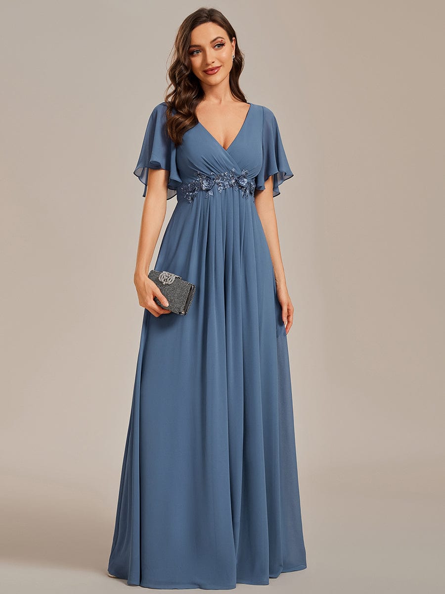 Custom Size Ruffles Sleeve A-Line Chiffon Waist Applique Maxi Evening Dress #color_Dusty Blue