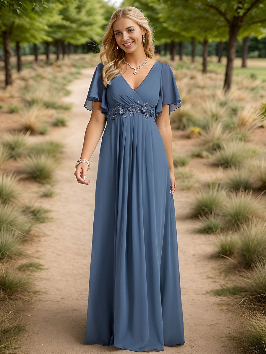 Custom Size Ruffles Sleeve A-Line Chiffon Waist Applique Maxi Evening Dress #color_Dusty Navy