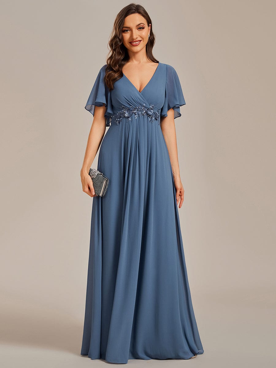 Ruffles Sleeve A-Line Chiffon Waist Applique Maxi Evening Dress #color_Dusty Blue