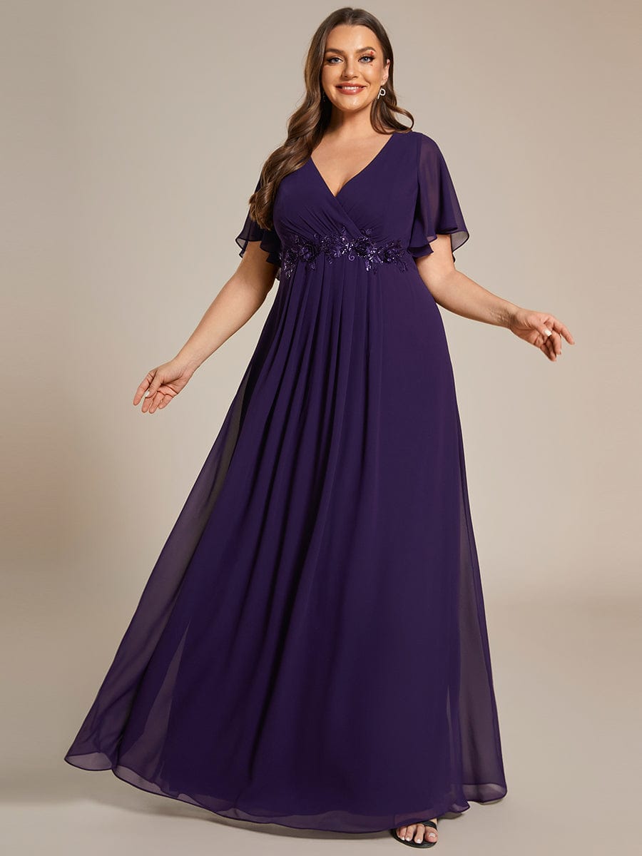 Custom Size Ruffles Sleeve A-Line Chiffon Waist Applique Maxi Evening Dress #color_Dark Purple