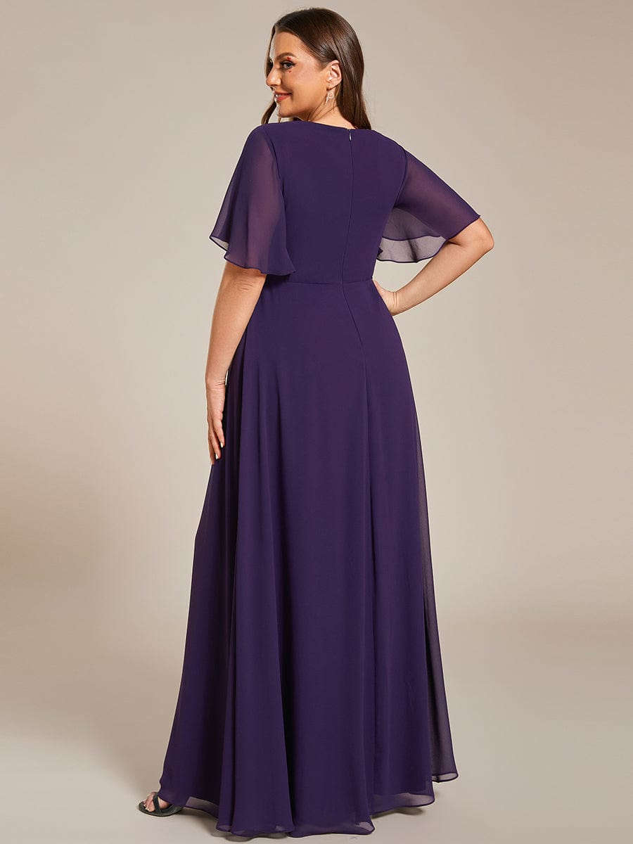 Custom Size Ruffles Sleeve A-Line Chiffon Waist Applique Maxi Evening Dress #color_Dark Purple