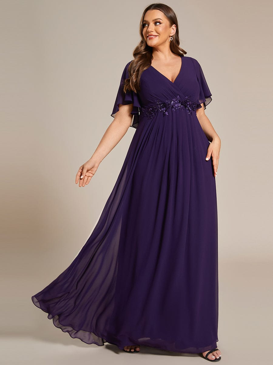 Plus Size Floral Applique Short Sleeve A-Line Chiffon Evening Dress #color_Dark Purple