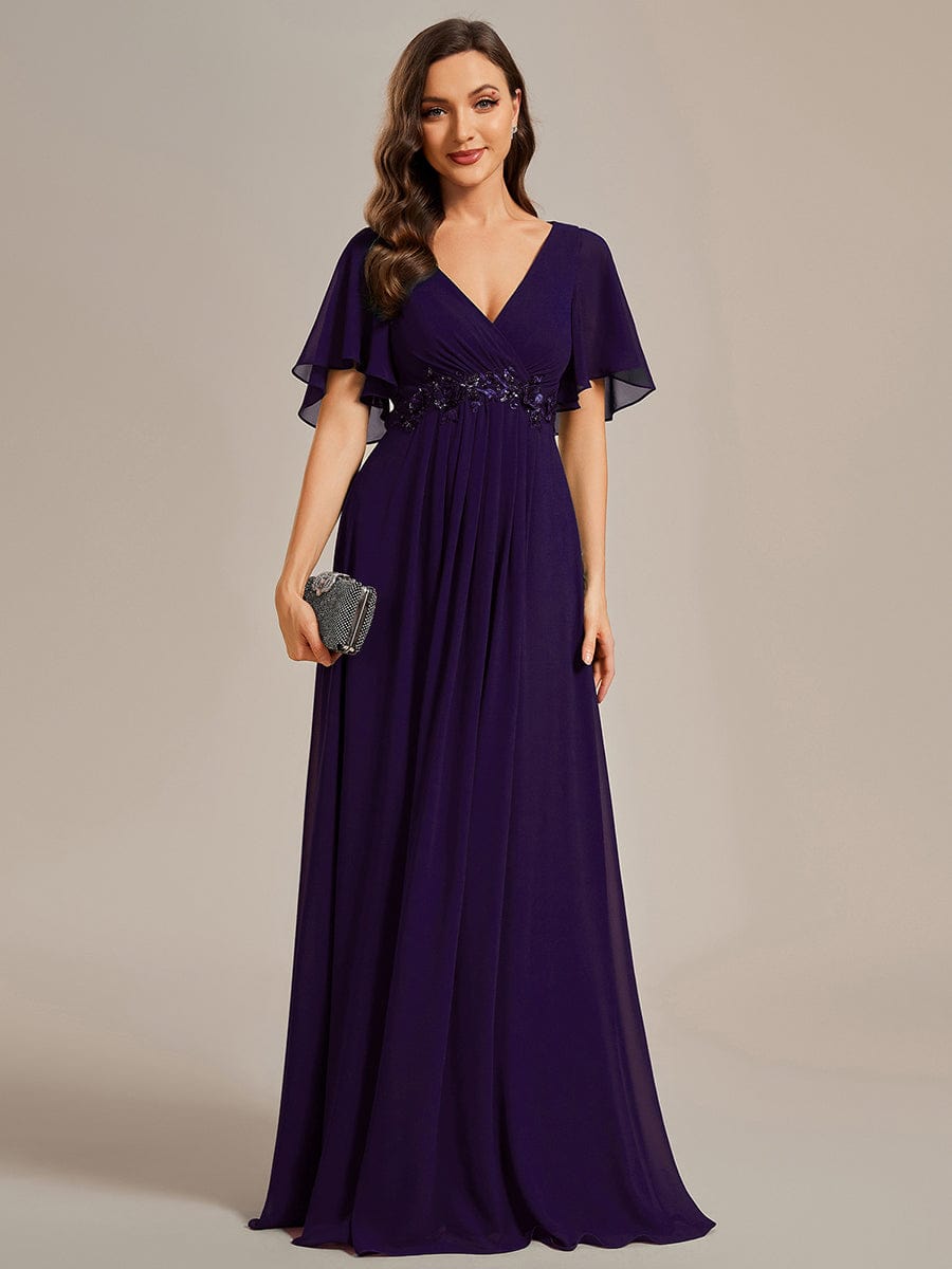 Custom Size Ruffles Sleeve A-Line Chiffon Waist Applique Maxi Evening Dress #color_Dark Purple