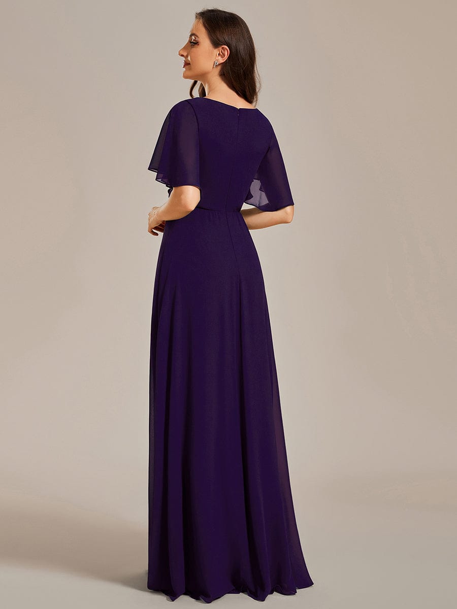 Custom Size Ruffles Sleeve A-Line Chiffon Waist Applique Maxi Evening Dress #color_Dark Purple