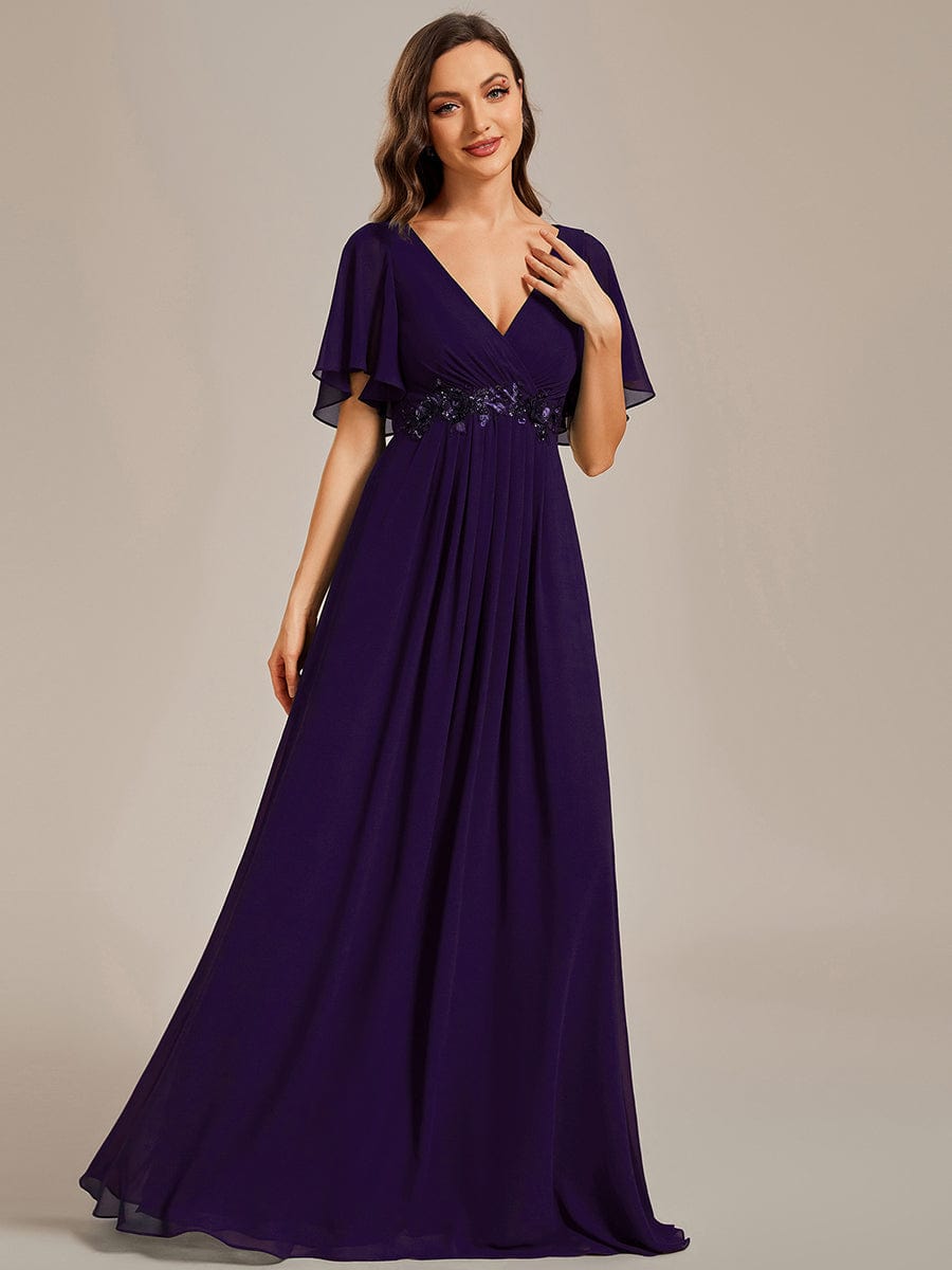 Custom Size Ruffles Sleeve A-Line Chiffon Waist Applique Maxi Evening Dress #color_Dark Purple