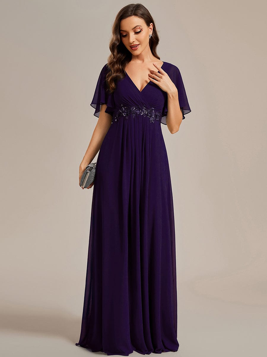 Custom Size Ruffles Sleeve A-Line Chiffon Waist Applique Maxi Evening Dress #color_Dark Purple