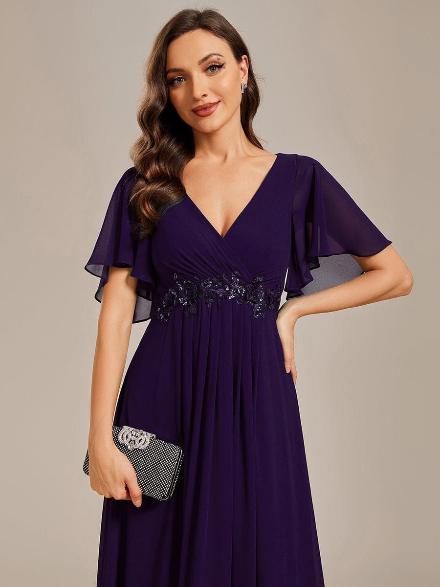 Custom Size Ruffles Sleeve A-Line Chiffon Waist Applique Maxi Evening Dress #color_Dark Purple