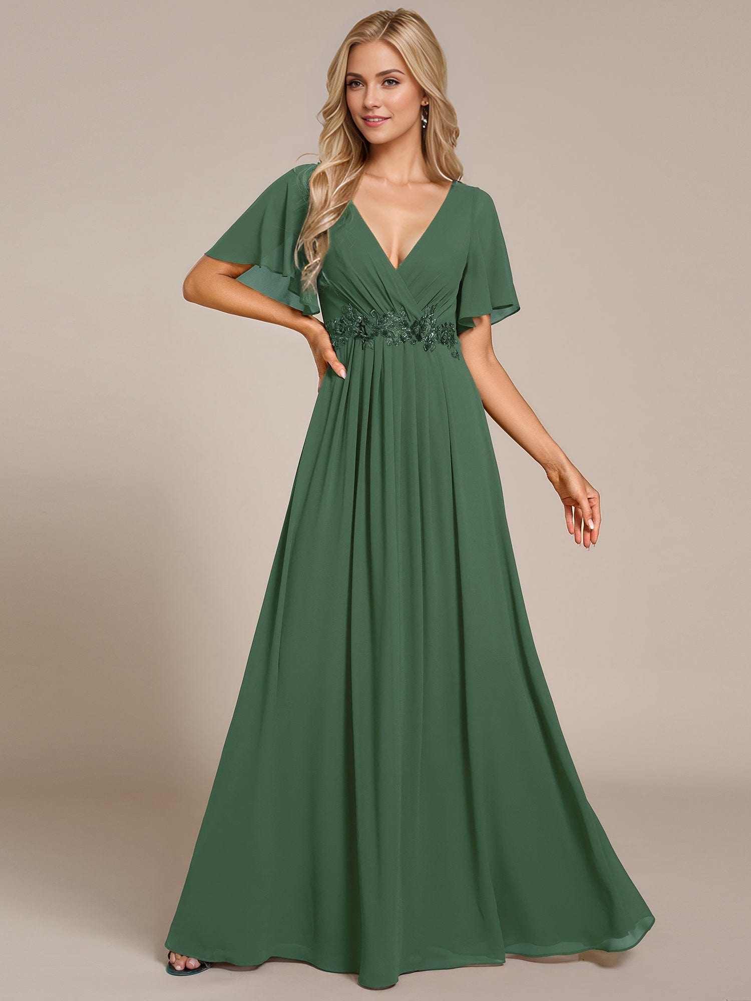 Ruffles Sleeve A-Line Chiffon Waist Applique Maxi Evening Dress #color_Eucalyptus