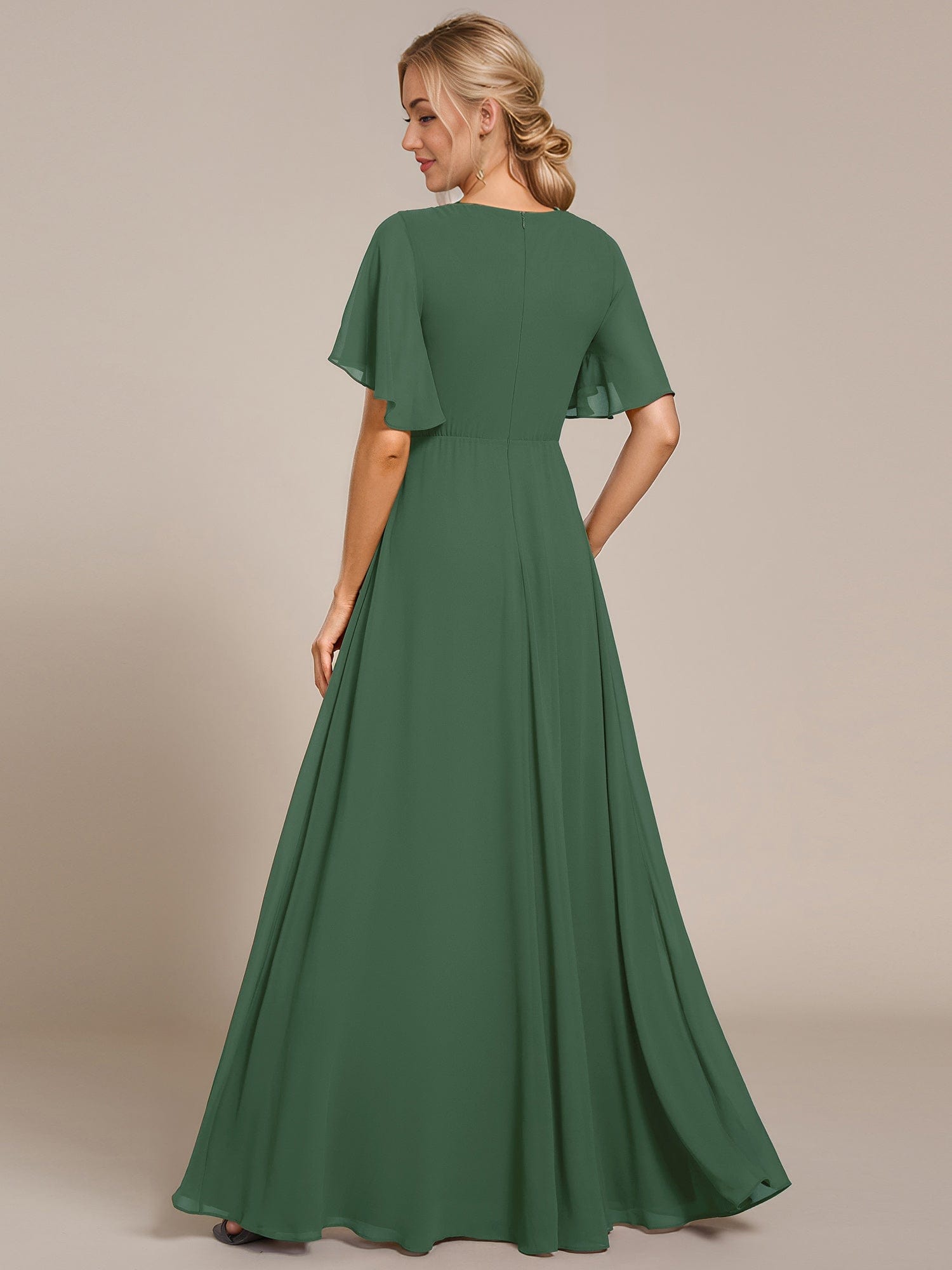 Ruffles Sleeve A-Line Chiffon Waist Applique Maxi Evening Dress #color_Eucalyptus