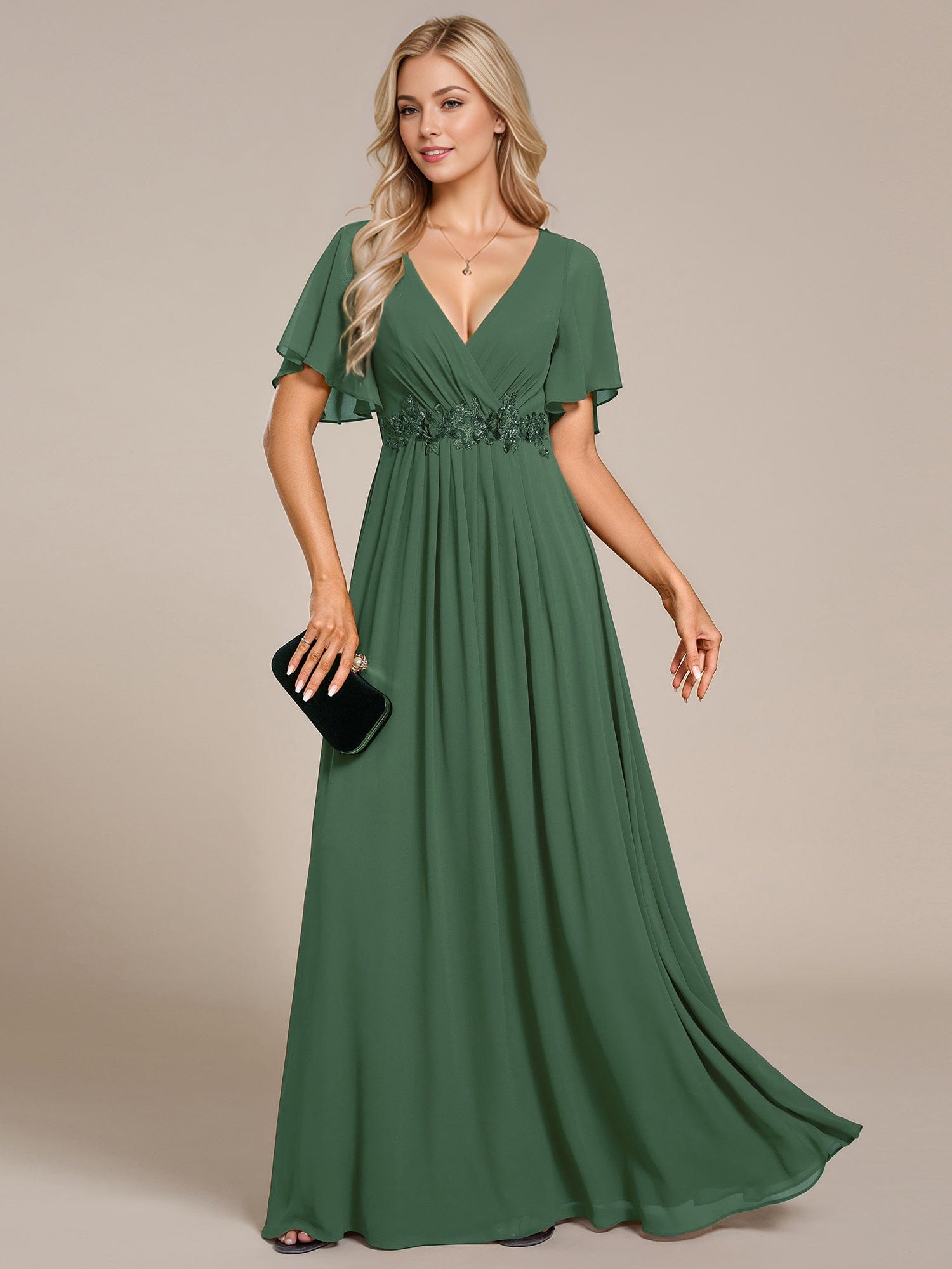 Ruffles Sleeve A-Line Chiffon Waist Applique Maxi Evening Dress #color_Eucalyptus