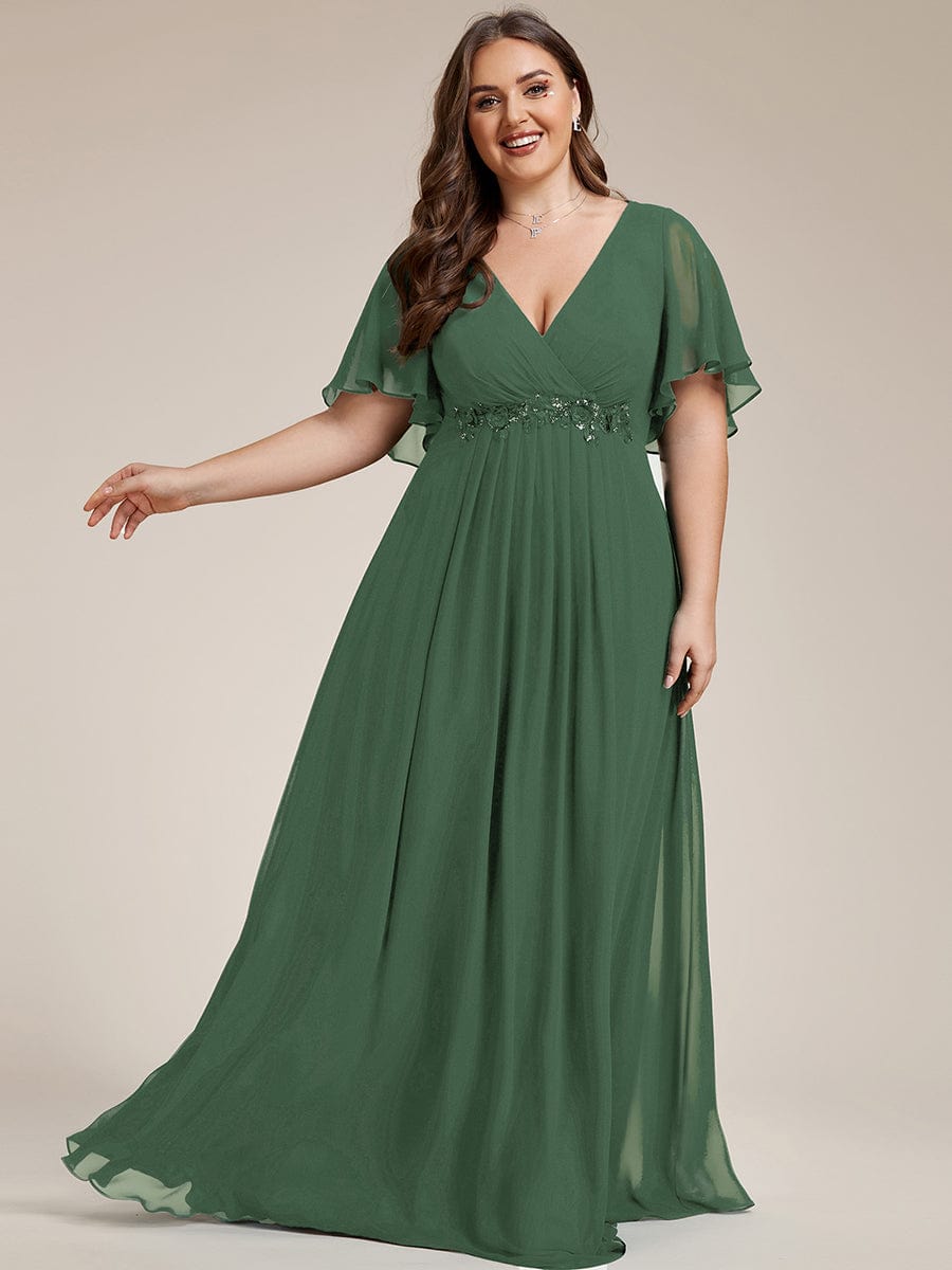 Ruffles Sleeve A-Line Chiffon Waist Applique Maxi Evening Dress #color_Eucalyptus