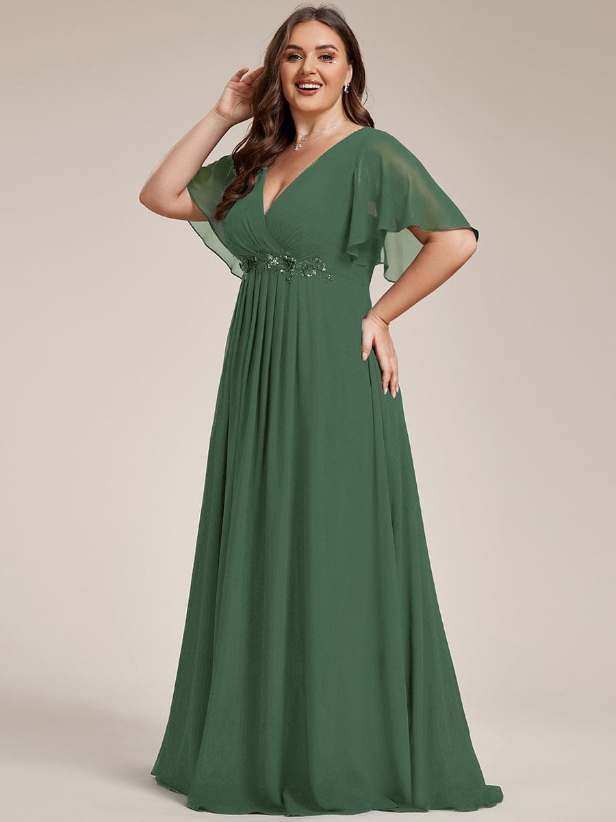 Ruffles Sleeve A-Line Chiffon Waist Applique Maxi Evening Dress #color_Eucalyptus