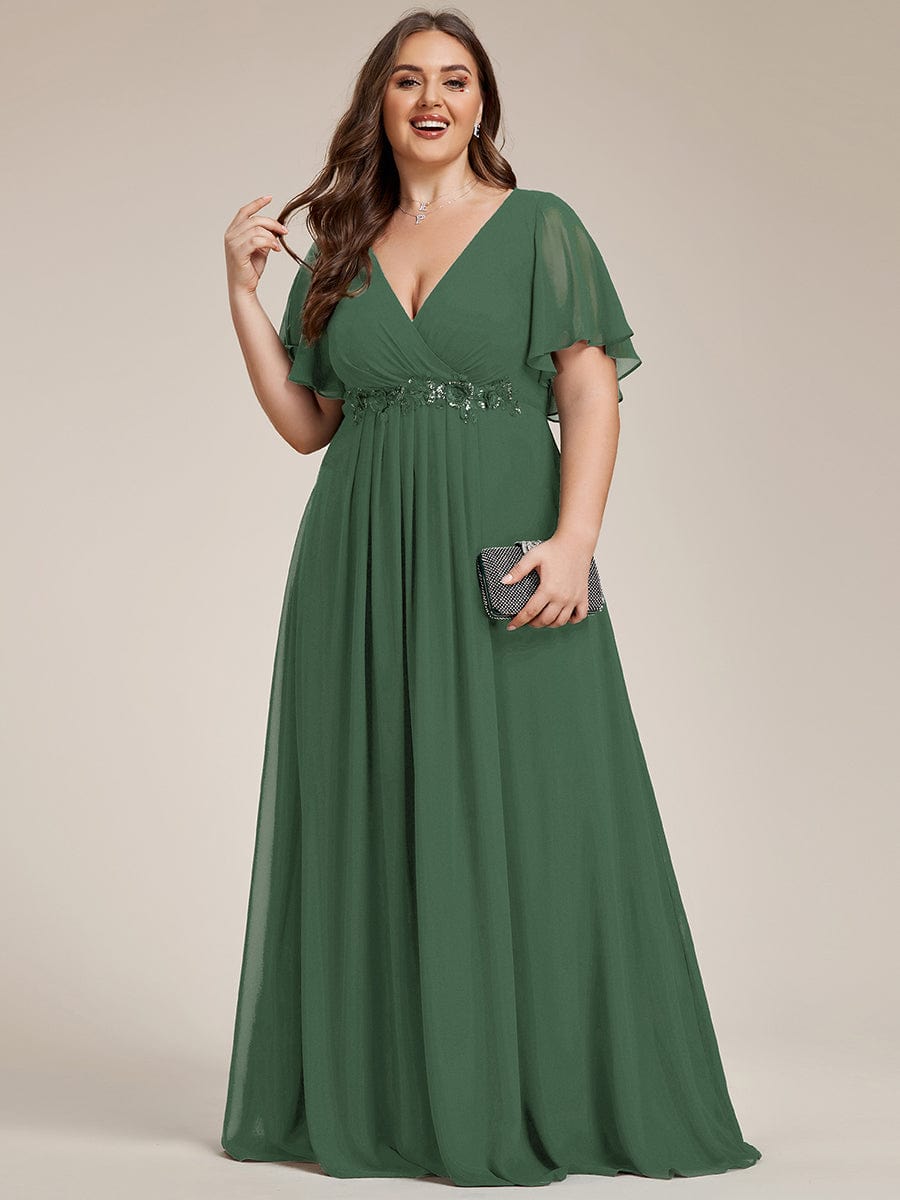 Ruffles Sleeve A-Line Chiffon Waist Applique Maxi Evening Dress #color_Eucalyptus