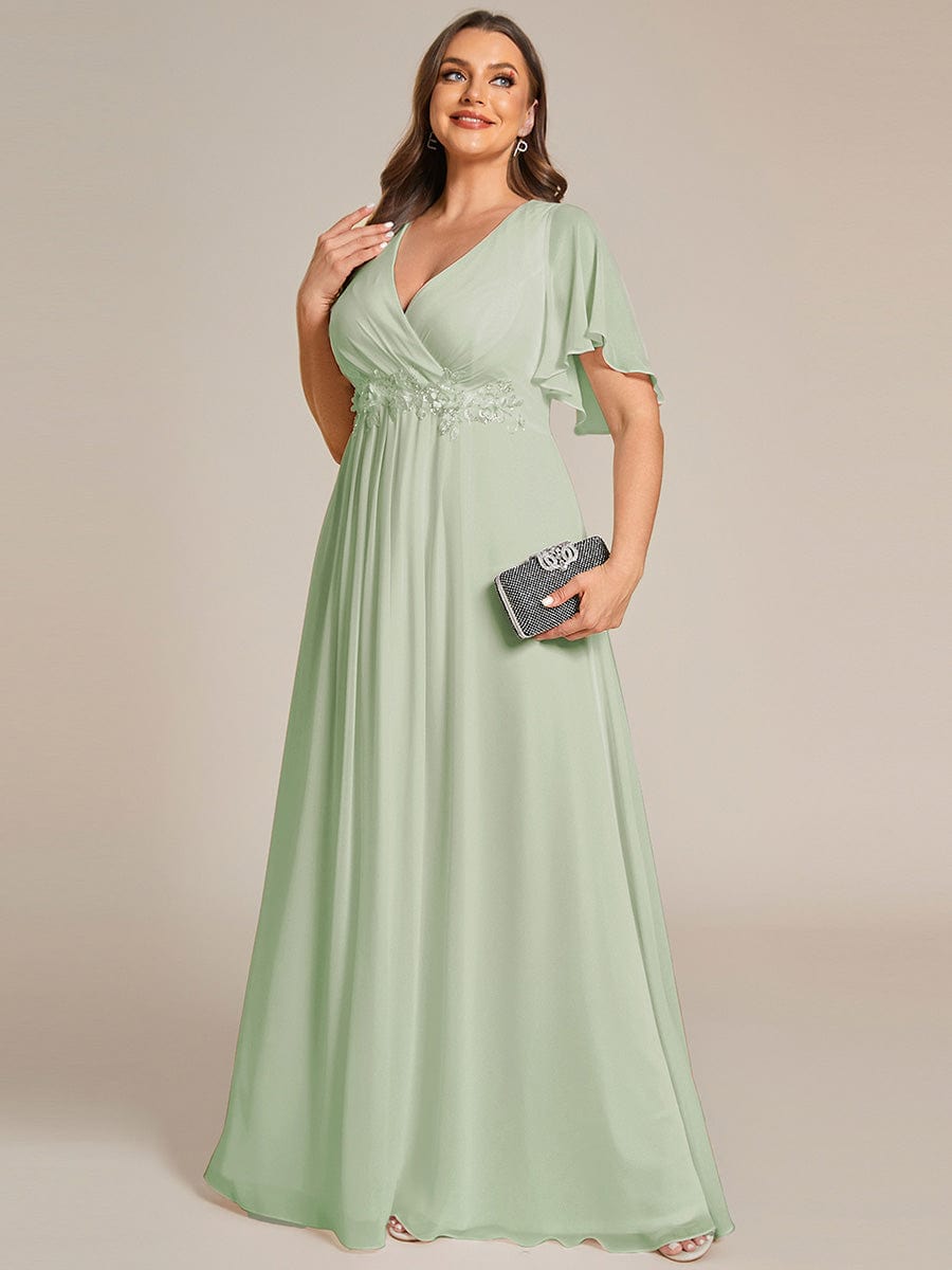 Custom Size Ruffles Sleeve A-Line Chiffon Waist Applique Maxi Evening Dress #color_Mint Green