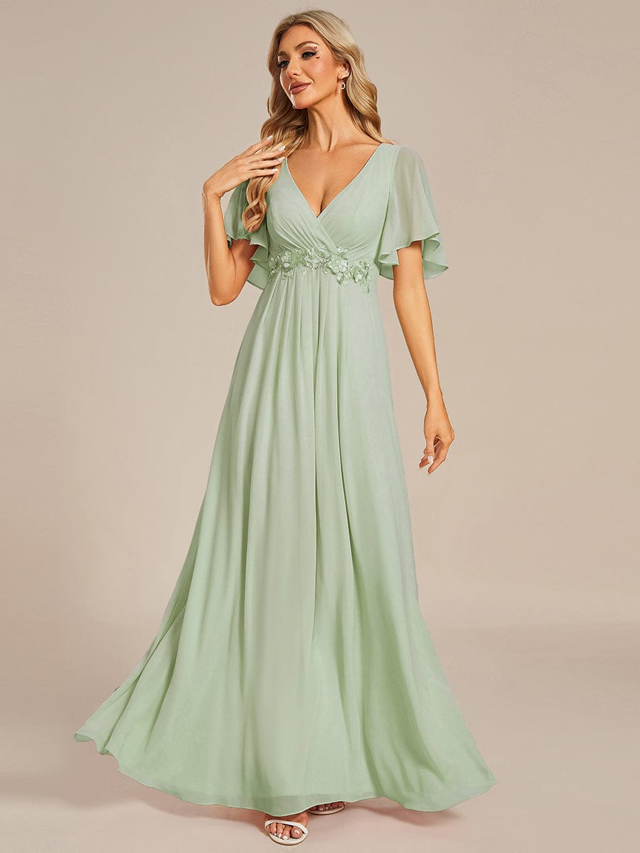 Custom Size Ruffles Sleeve A-Line Chiffon Waist Applique Maxi Evening Dress #color_Mint Green