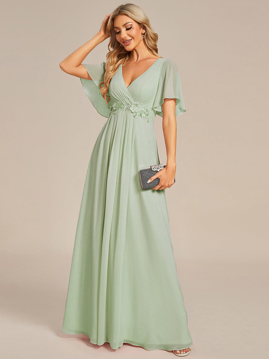 Custom Size Ruffles Sleeve A-Line Chiffon Waist Applique Maxi Evening Dress #color_Mint Green