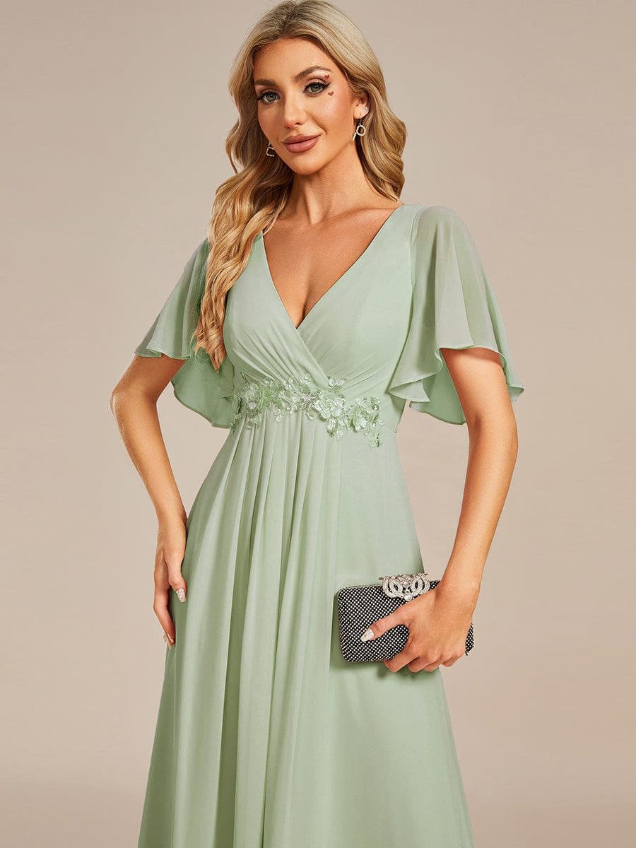 Custom Size Ruffles Sleeve A-Line Chiffon Waist Applique Maxi Evening Dress #color_Mint Green