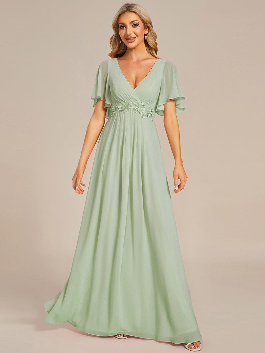 Custom Size Ruffles Sleeve A-Line Chiffon Waist Applique Maxi Evening Dress #color_Mint Green