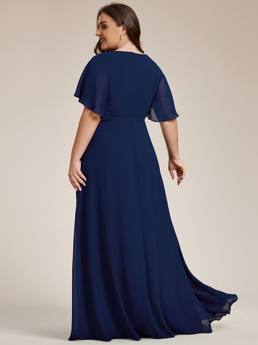 Plus Size Floral Applique Short Sleeve A-Line Chiffon Evening Dress #color_Navy Blue