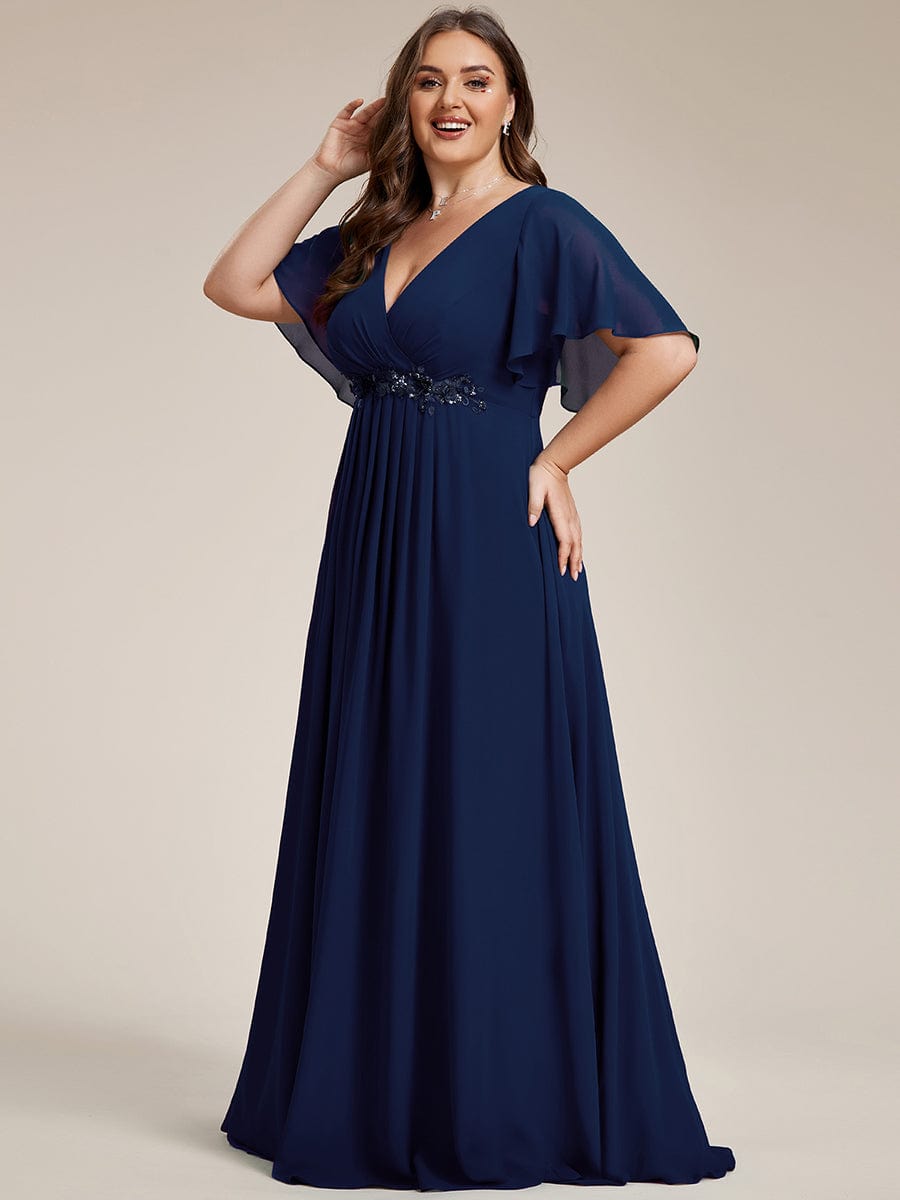 Custom Size Ruffles Sleeve A-Line Chiffon Waist Applique Maxi Evening Dress #color_Navy Blue