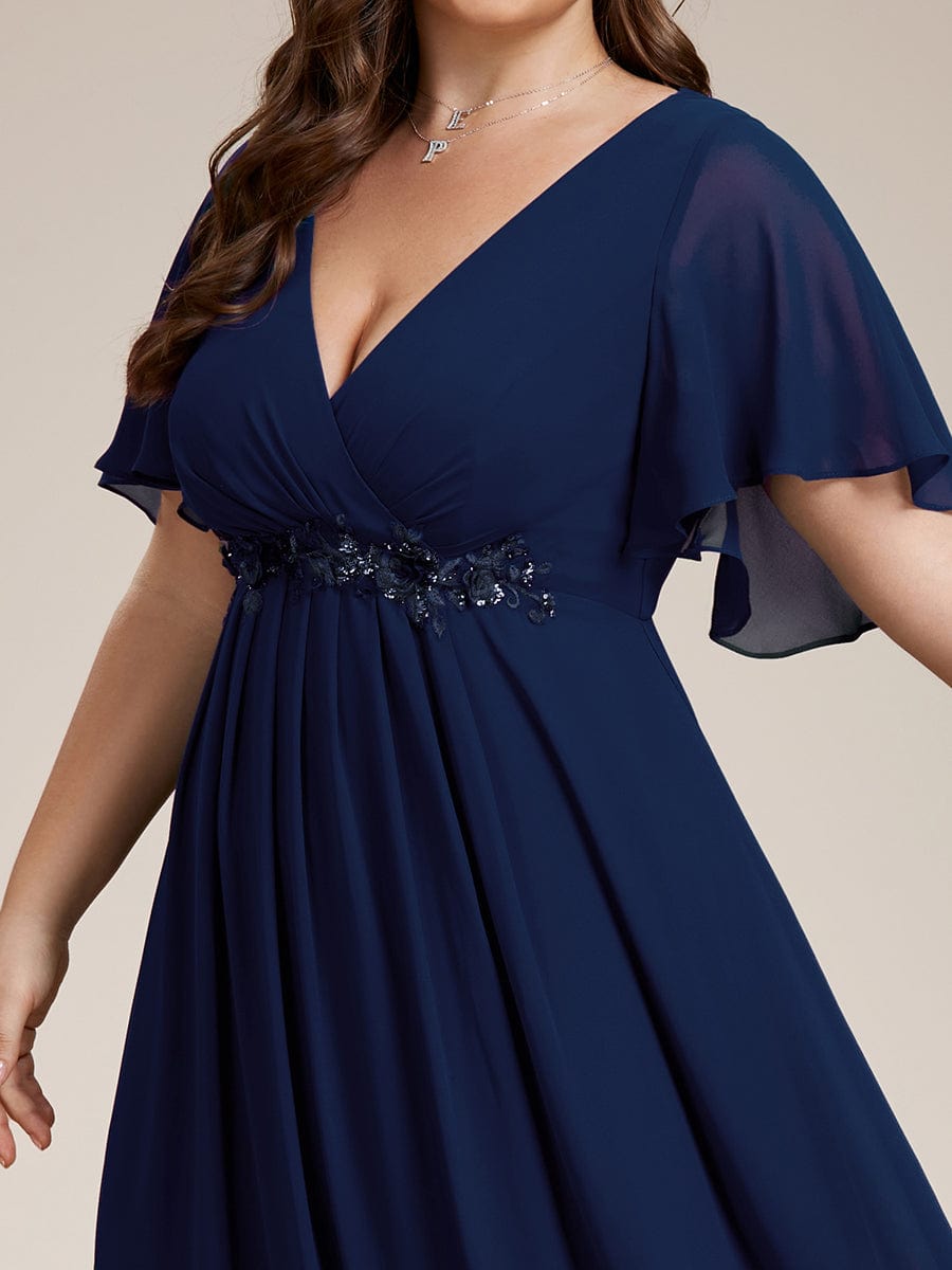 Custom Size Ruffles Sleeve A-Line Chiffon Waist Applique Maxi Evening Dress #color_Navy Blue