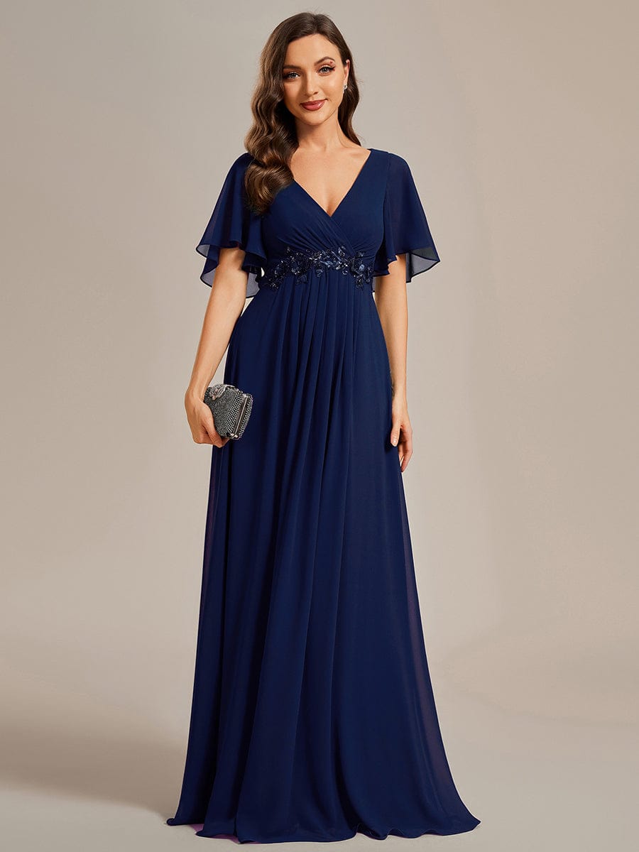 Custom Size Ruffles Sleeve A-Line Chiffon Waist Applique Maxi Evening Dress #color_Navy Blue