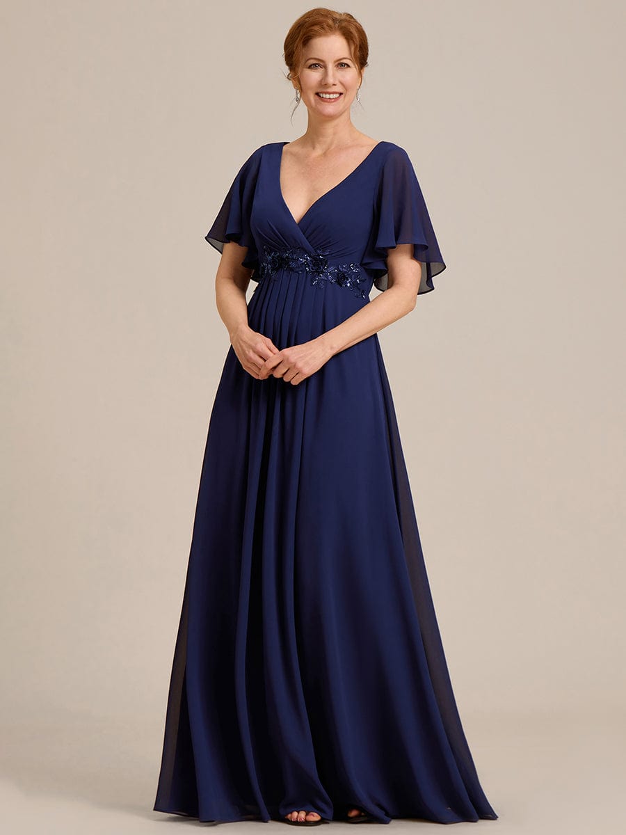 ever IVYROSE|Ruffles Sleeve A-Line Chiffon Waist Applique Maxi Mother of the Bride Dress