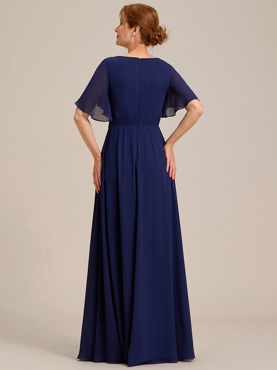 Ruffles Sleeve A-Line Chiffon Waist Applique Maxi Evening Dress #color_Navy Blue