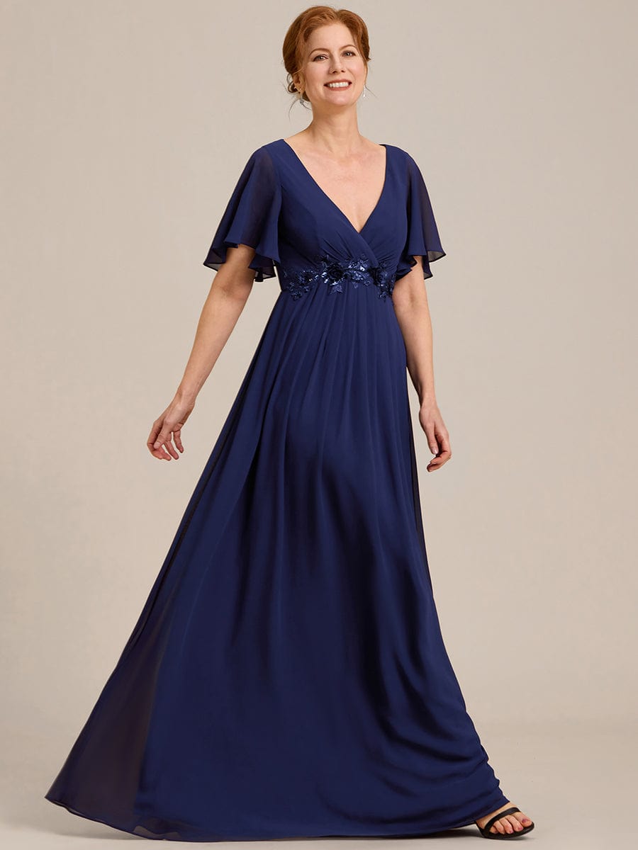 Ruffles Sleeve A-Line Chiffon Waist Applique Maxi Evening Dress #color_Navy Blue