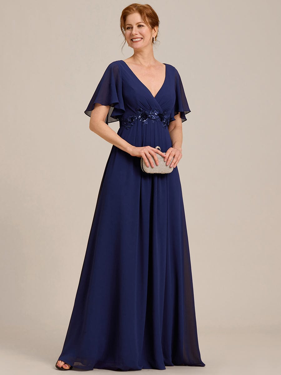 Ruffles Sleeve A-Line Chiffon Waist Applique Maxi Evening Dress #color_Navy Blue