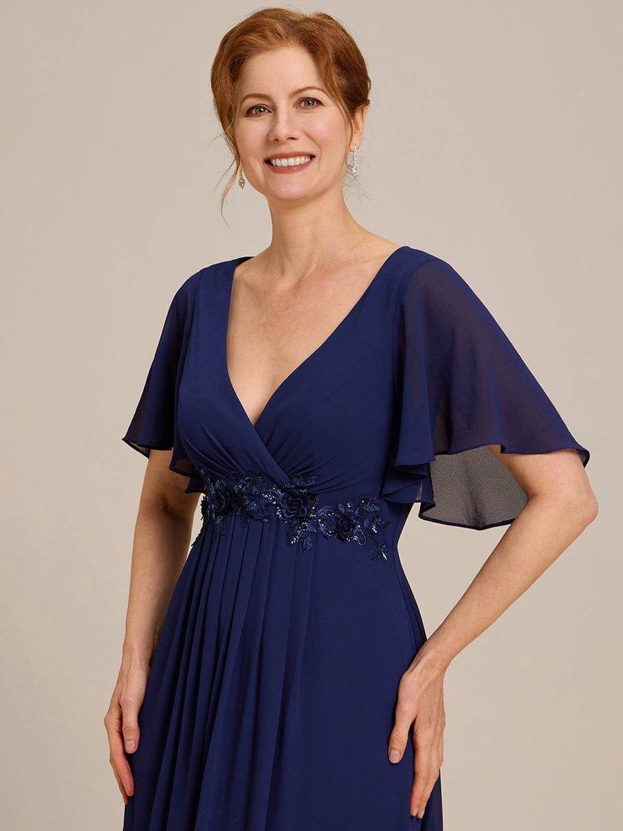 Ruffles Sleeve A-Line Chiffon Waist Applique Maxi Evening Dress #color_Navy Blue