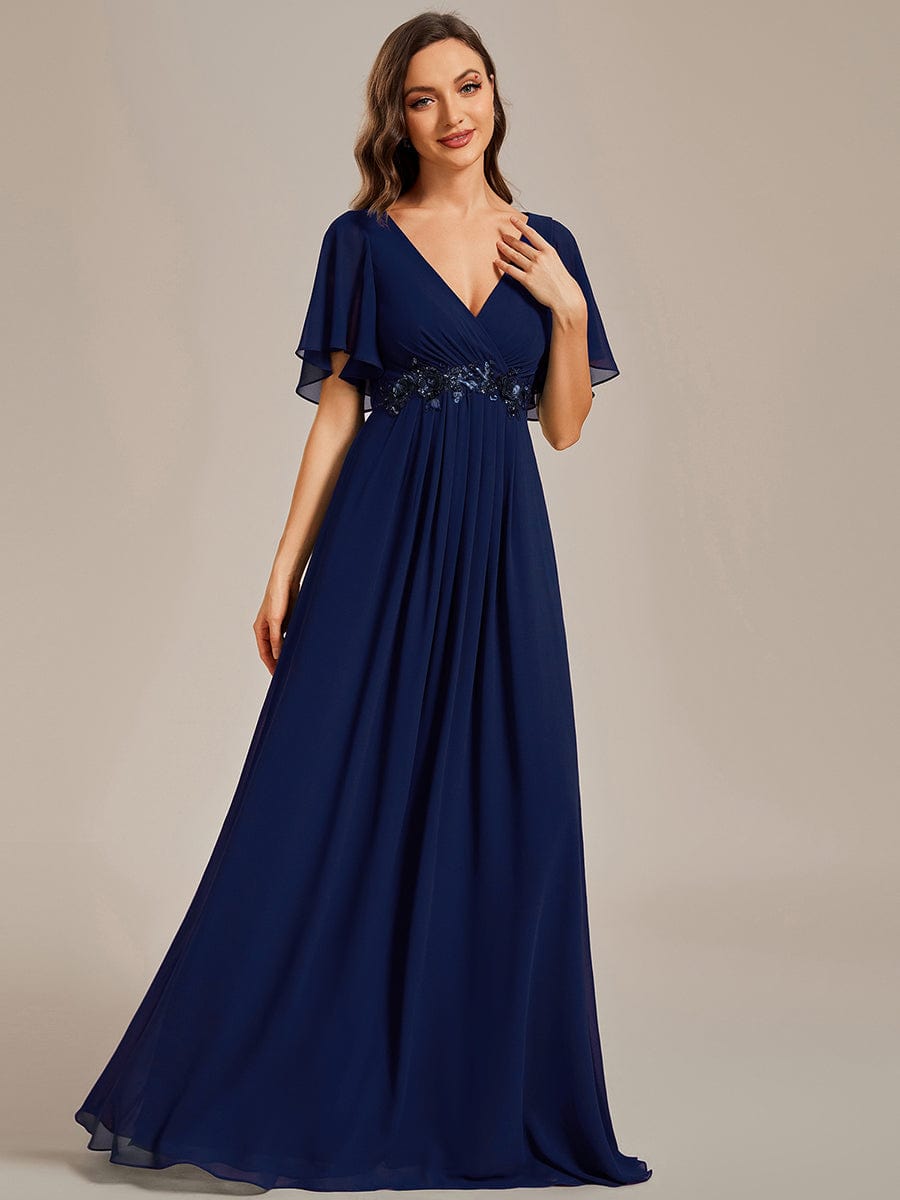 Custom Size Ruffles Sleeve A-Line Chiffon Waist Applique Maxi Evening Dress #color_Navy Blue