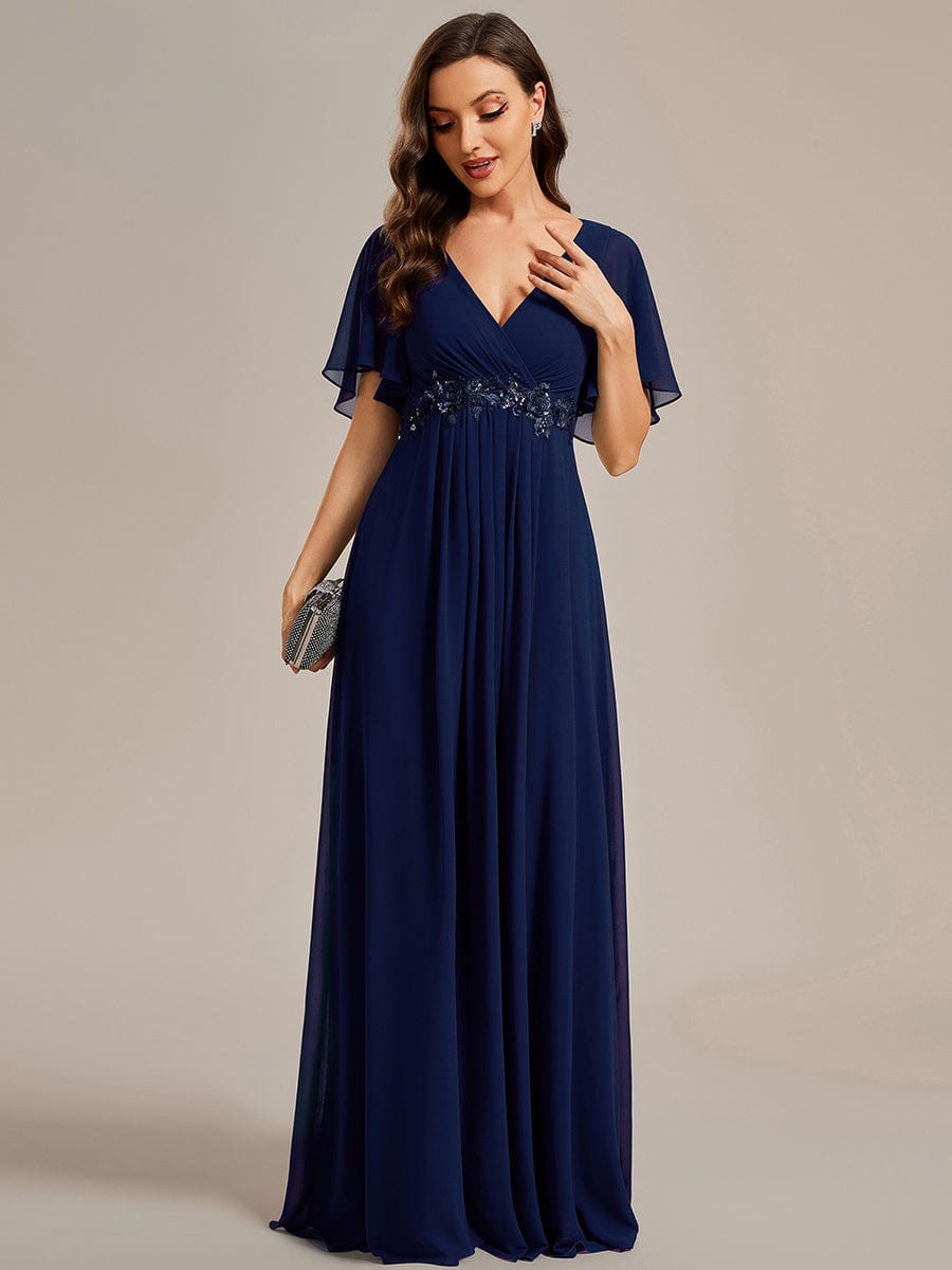 Custom Size Ruffles Sleeve A-Line Chiffon Waist Applique Maxi Evening Dress #color_Navy Blue