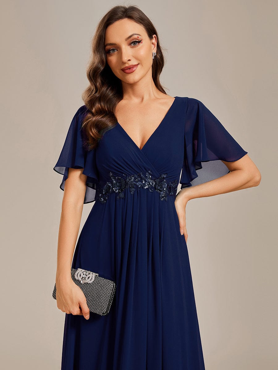 Custom Size Ruffles Sleeve A-Line Chiffon Waist Applique Maxi Evening Dress #color_Navy Blue