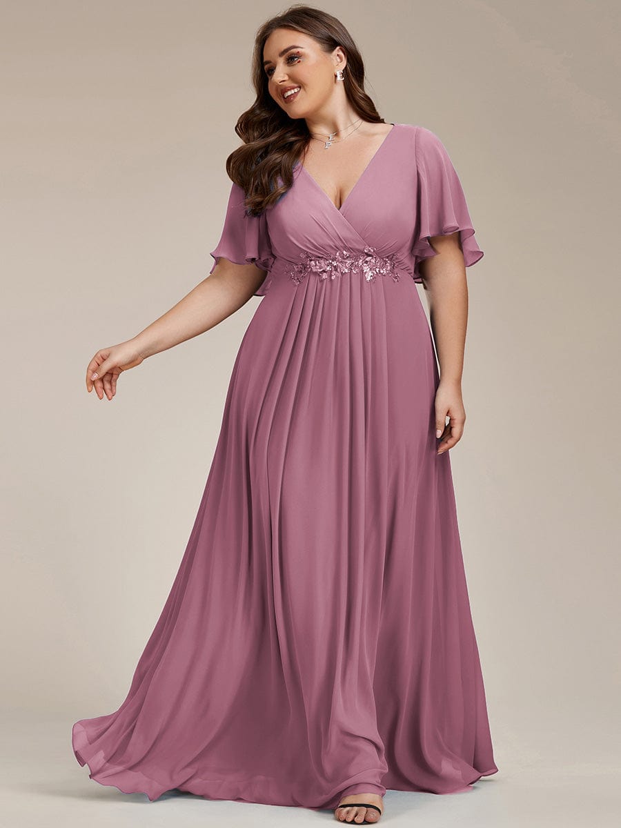 Plus Size Floral Applique Short Sleeve A-Line Chiffon Evening Dress #color_Purple Orchid