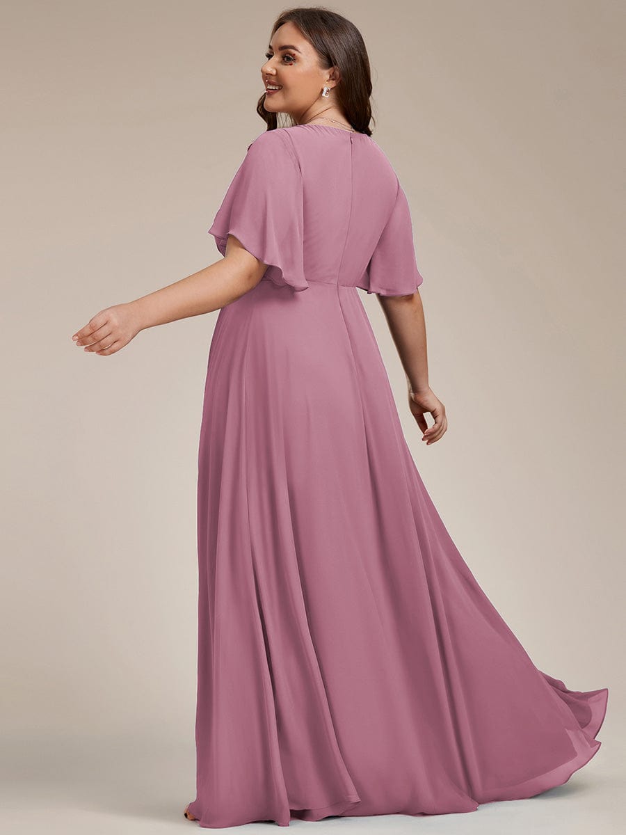 Plus Size Floral Applique Short Sleeve A-Line Chiffon Evening Dress #color_Purple Orchid