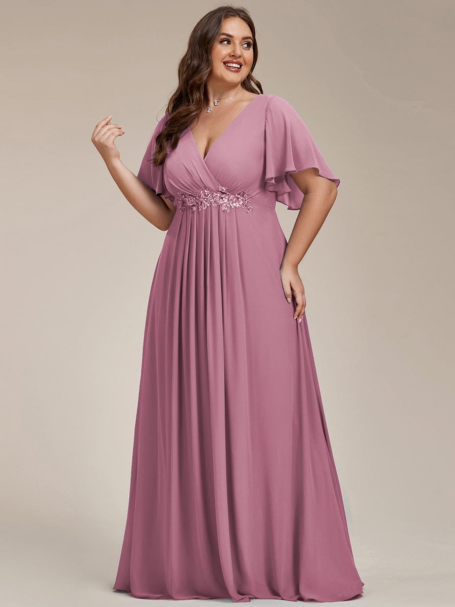 Plus Size Floral Applique Short Sleeve A-Line Chiffon Evening Dress #color_Purple Orchid