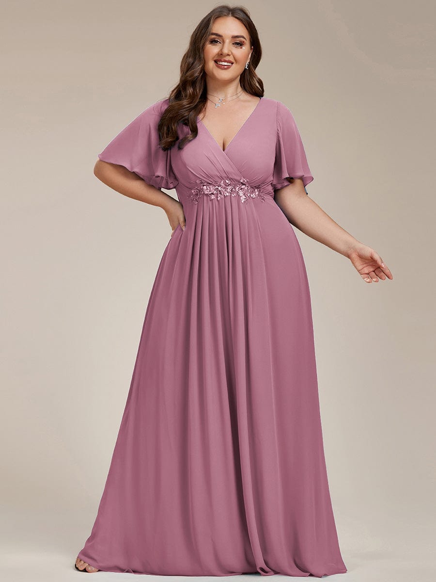 Ruffles Sleeve A-Line Chiffon Waist Applique Maxi Evening Dress #color_Purple Orchid