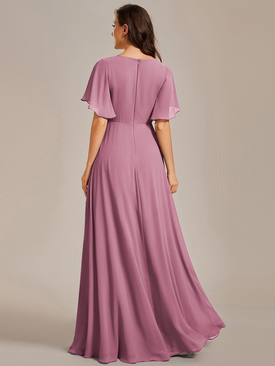 Ruffles Sleeve A-Line Chiffon Waist Applique Maxi Evening Dress #color_Purple Orchid