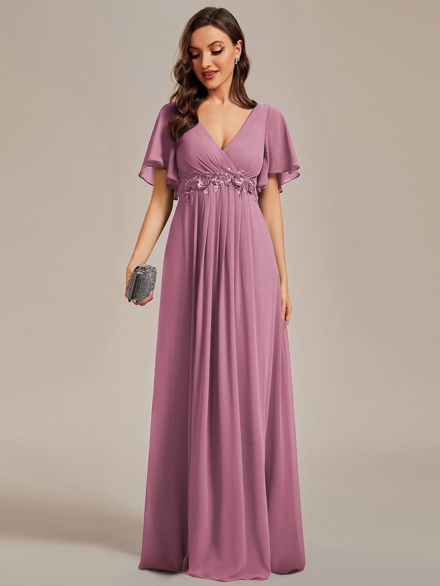 Ruffles Sleeve A-Line Chiffon Waist Applique Maxi Evening Dress #color_Purple Orchid