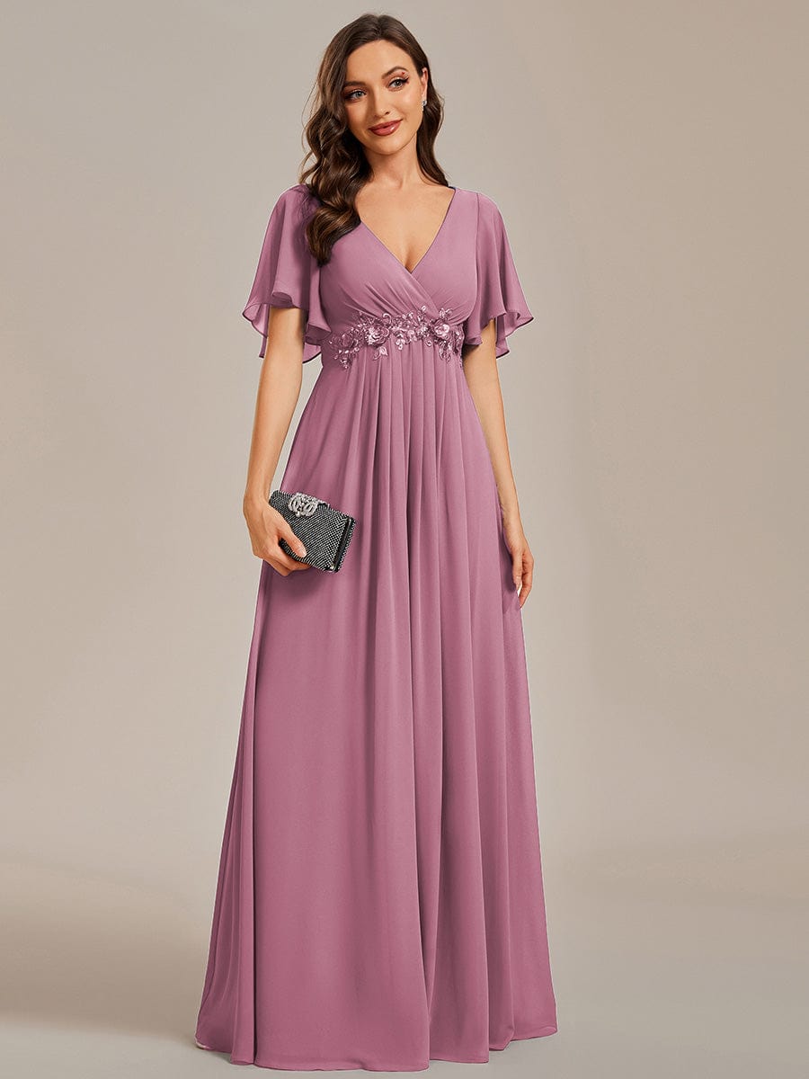 Ruffles Sleeve A-Line Chiffon Waist Applique Maxi Evening Dress #color_Purple Orchid