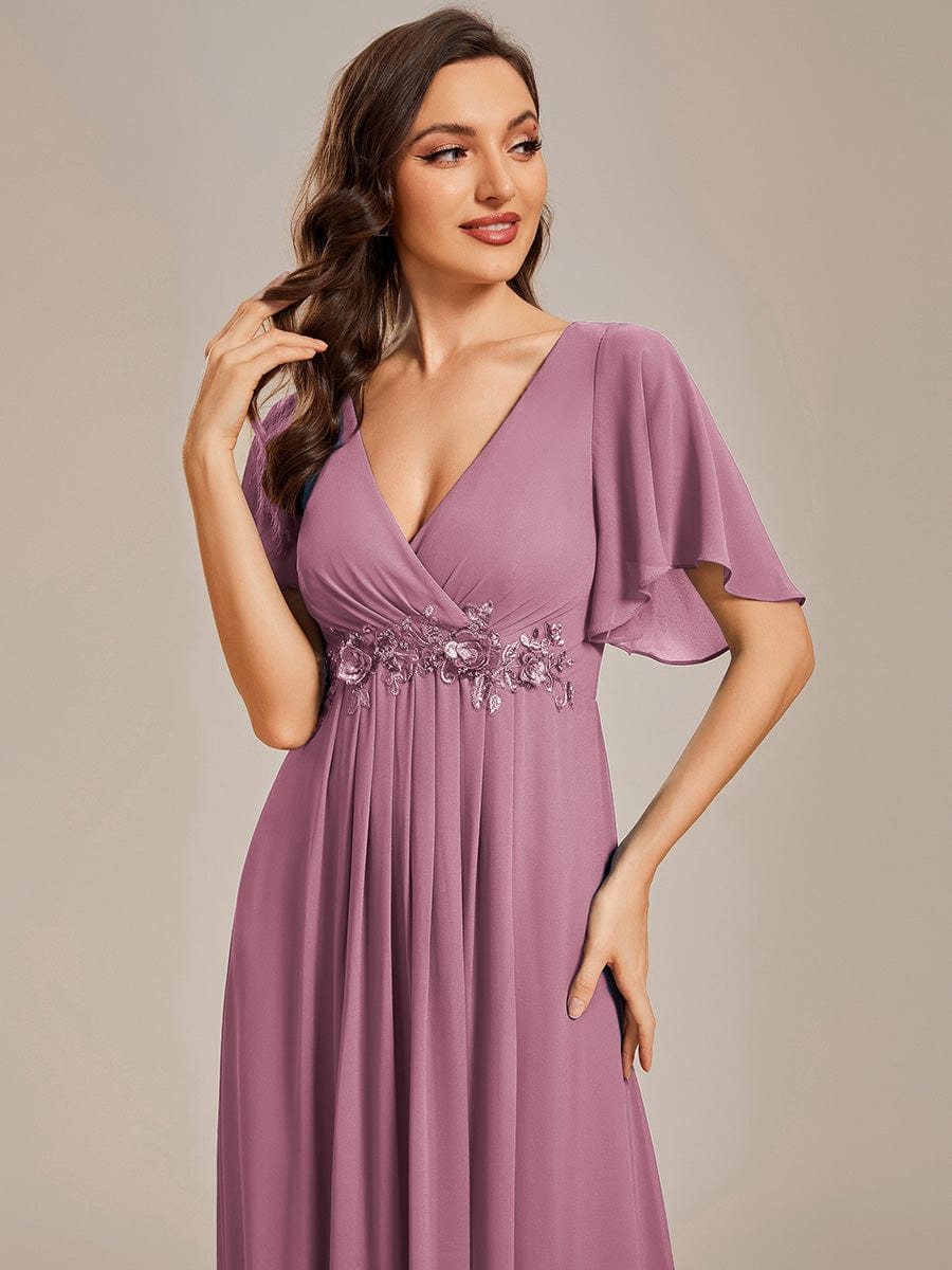 Ruffles Sleeve A-Line Chiffon Waist Applique Maxi Evening Dress #color_Purple Orchid