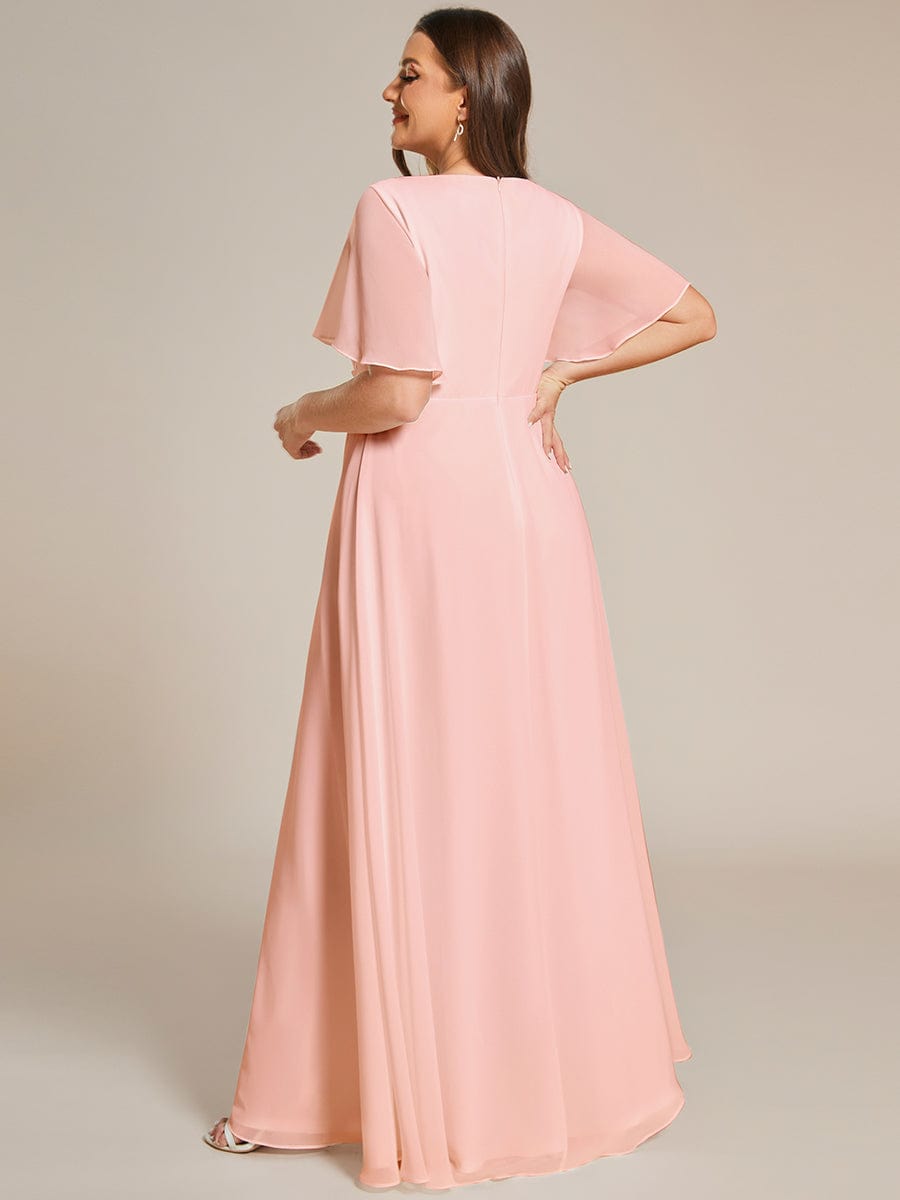 Custom Size Ruffles Sleeve A-Line Chiffon Waist Applique Maxi Evening Dress #color_Pink